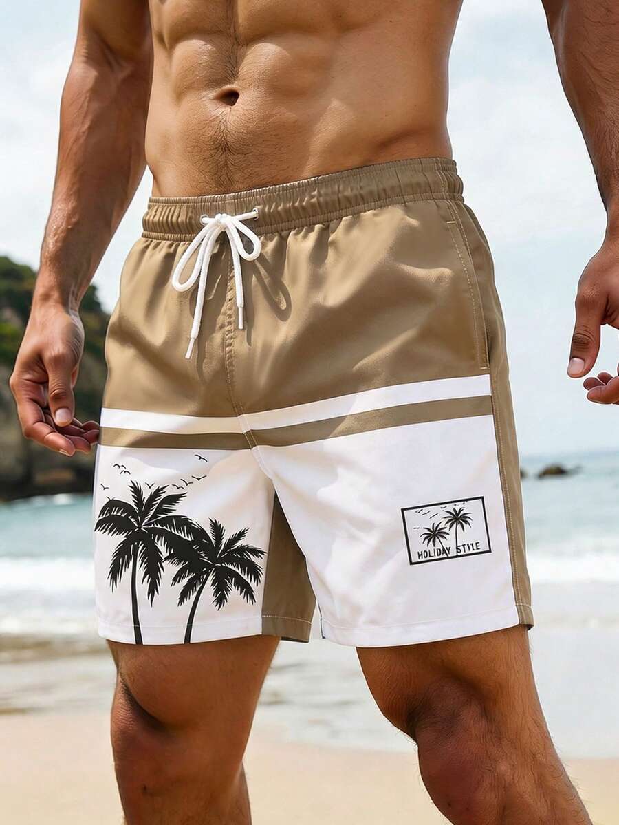 Oro Vacation Men's Summer Vacation Colorblock Palm Tree Print Drawstring Waist Beach Shorts, Holiday - Khaki - View 1