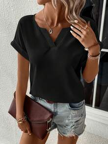SHEIN Clasi Solid Color Notched Collar Casual Short Sleeve Shirt, Summer - Black - View 5