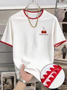 Manfinity Joysei Standard Size Men's Casual Cherry 3D Print Shell Trim T-Shirt, Suitable For Summer Vacation, Boyfriend/Husband Gift - White - View 1