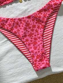 Swim Mod Women's Sweet Pink Floral Print Reversible Halter Bikini Set - Multicolor - View 7