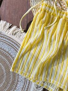 Swim Vcay 3pcs/Set Bohemian Style Crochet Fabric Drawstring Swimwear Cover Up Bikini Set - Yellow - View 5