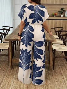 Weeklong Plus Size Women V-Neck Cinched Waist Straight Leg Solid Color Floral Print Pants, Suitable For Daily Wear And Vacation - Multicolor - View 2
