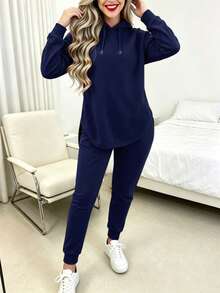 Tropvida Conjunto casual de 2 piezas de sudadera con capucha de manga larga y cordón y pantalones de unicolor para mujer, otoño - Azul Marino - Ver 3