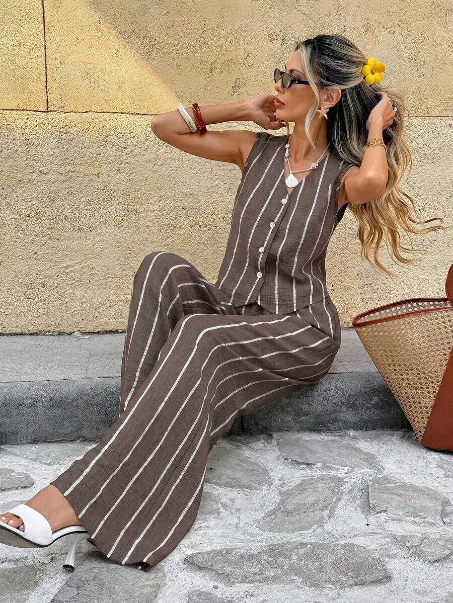 SHEIN Frenchy 女款條紋單排扣上衣與寬腿褲休閒兩件套 - 摩卡棕 - 查看 1