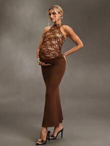 Cheriluna Maternity 优雅复古蕾丝拼接美人鱼孕妇装，修身孕妇摄影礼服 - 棕色 - 查看 6