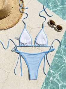 Swim Mod Women's New Solid Color Triangle Cup Bikini Set, Sexy Tie-Up Contrast Color Swimwear 2 Pieces - Blue - View 2