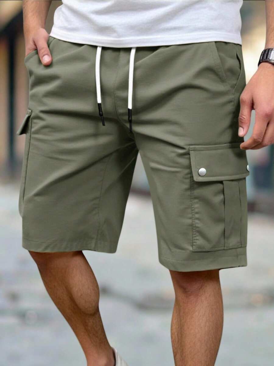 Manfinity CasualCool 男士軍綠色工裝短褲,夏季休閒登山彈性腰多口袋百搭必備,適合日常休閒、週末出遊、旅行與度假 - 軍綠色 - 查看 1