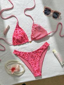 Swim Mod Women's Sweet Pink Floral Print Reversible Halter Bikini Set - Multicolor - View 4