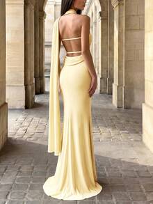 Firerie Elegant, Glamorous, And Stylish, This Goose-Yellow Knit Dress Features A Deep Backless Design, A Flowing Ribbon Neckline Party Wedding - Yellow - View 8