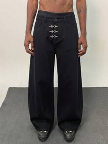 SWAVVY Pantalones anchos de hombre lavados en negro con diseño de hebilla con avión - Negro - Ver 2