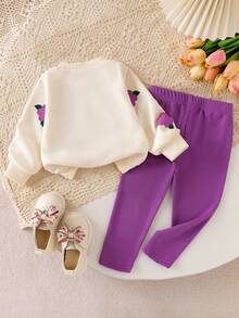SHEIN Playful Pals Conjunto de 2 Peças para Bebê Menina Outono Roxo, Moletom com Estampa Floral em Crochê 3D & Legging Tricotada, Roupa Fofa e Modesta para Família Combinando, Calça Violeta - Roxo - Visão 2
