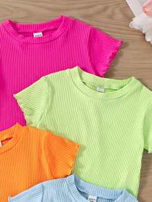 SHEIN Elladie kids 4 chiếc áo thun ngắn tay cổ tròn màu trơn phong cách dopamine trẻ trung cho bé gái, phù hợp mặc mùa hè - Nhiều màu - Xem 5