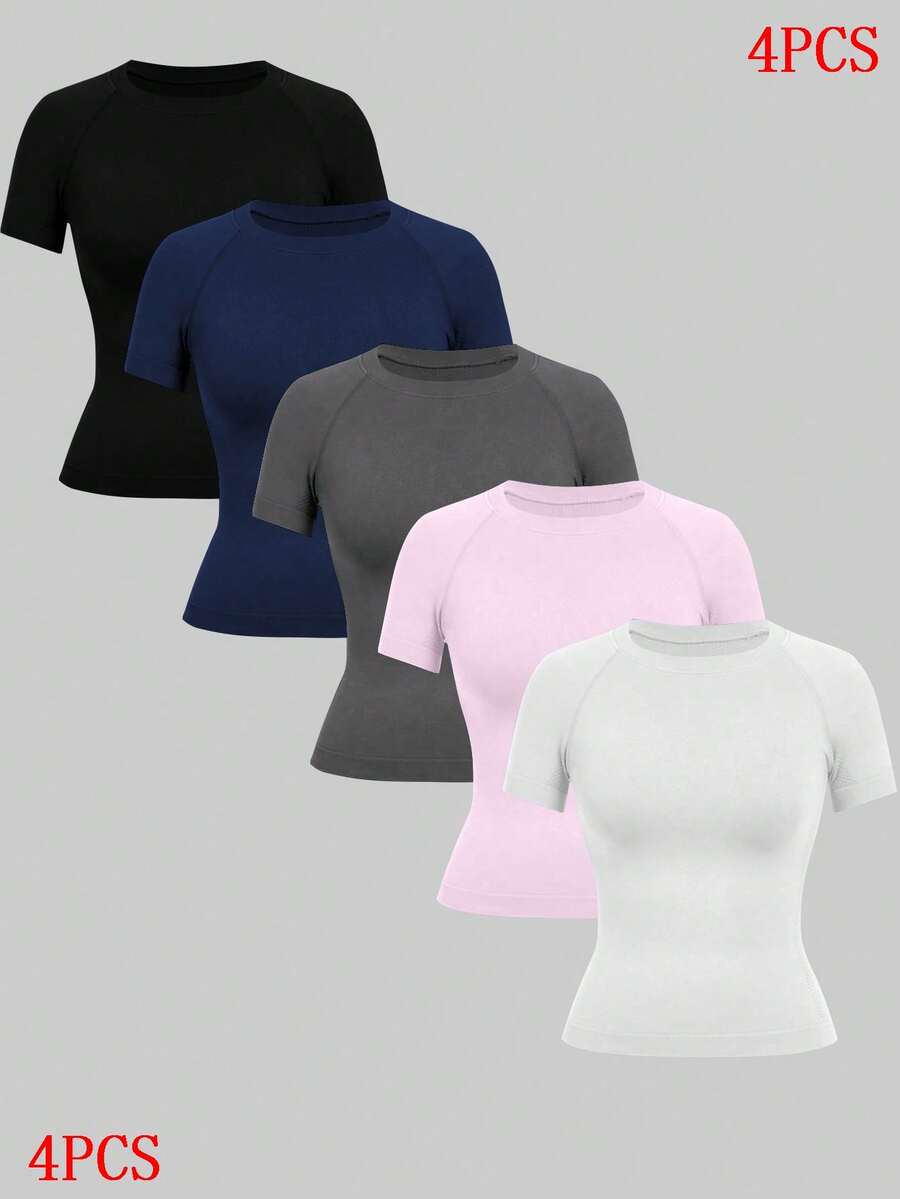 Velisys Velisys 4 Pcs Sport Studio Summer Casual Solid Color Seamless Short Sleeve Sports T-Shirt Gym Tops For Women