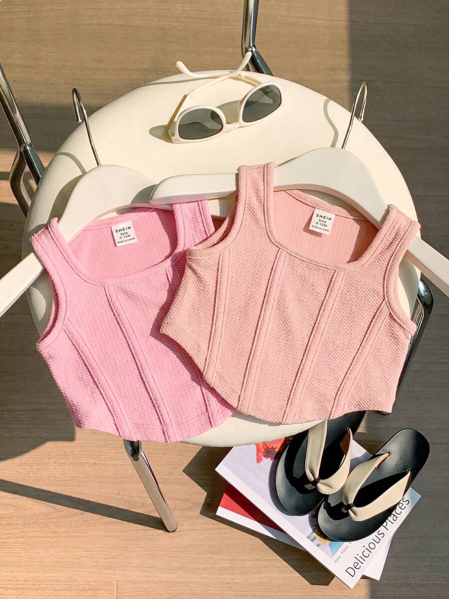 SHEIN 2件套女童休闲纯色无袖方领针织背心,夏季 - 粉色 - 查看 1