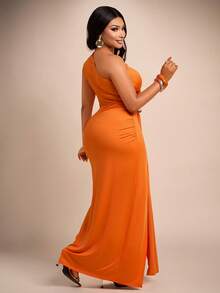 Brilight Sexy Tight Party Dress, Orange One-Shoulder Evening Dress, Plus-Size Dress, Summer Vacation Dress - Orange - View 3