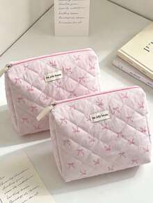 1pc Pink Ribbon Pattern Cosmetic Pouch – Fashionable Travel Organizer For Girls, Large Capacity Multi-Function Storage For Lipstick, Period Products, Coins, Keys, Hair Clips, Hair Ties, Cute Portable Makeup Bag - Pink - View 7