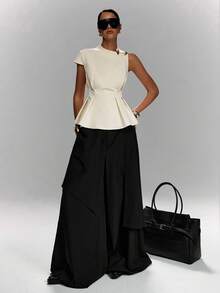 LYSMO Women's Elegant Casual Metal Buckle Waist Pleated Top Office Business Off-White Summer - Beige - View 1