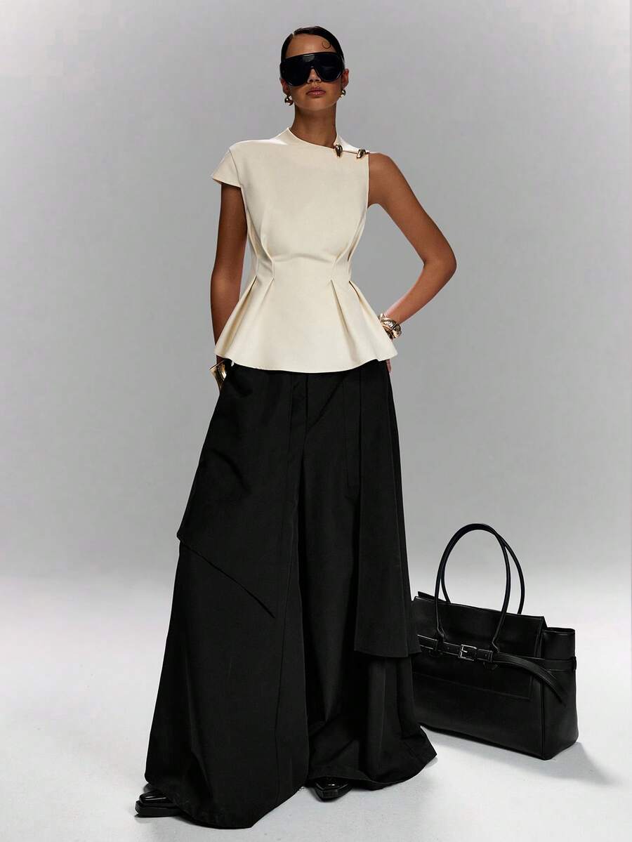 LYSMO Women's Elegant Casual Metal Buckle Waist Pleated Top Office Business Off-White Summer - Beige - View 1