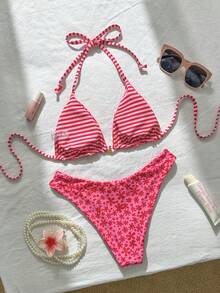 Swim Mod Women's Sweet Pink Floral Print Reversible Halter Bikini Set - Multicolor - View 2