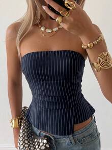 SHEIN PariChic Women's Casual Sexy Navy Striped Strapless Tube Top, Summer Formal Party Outing Blouse, Fashion Pleated Asymmetric Hem Sleeveless Top, Luxury Fitted Strapless Women's Evening Graduation Party Blouse, Pleated Asymmetric Hem Outing Party Casual Top, Spring Summer Vacation Casual Luxury Blouse, Summer Music Festival Outfit - Navy Blue - View 3