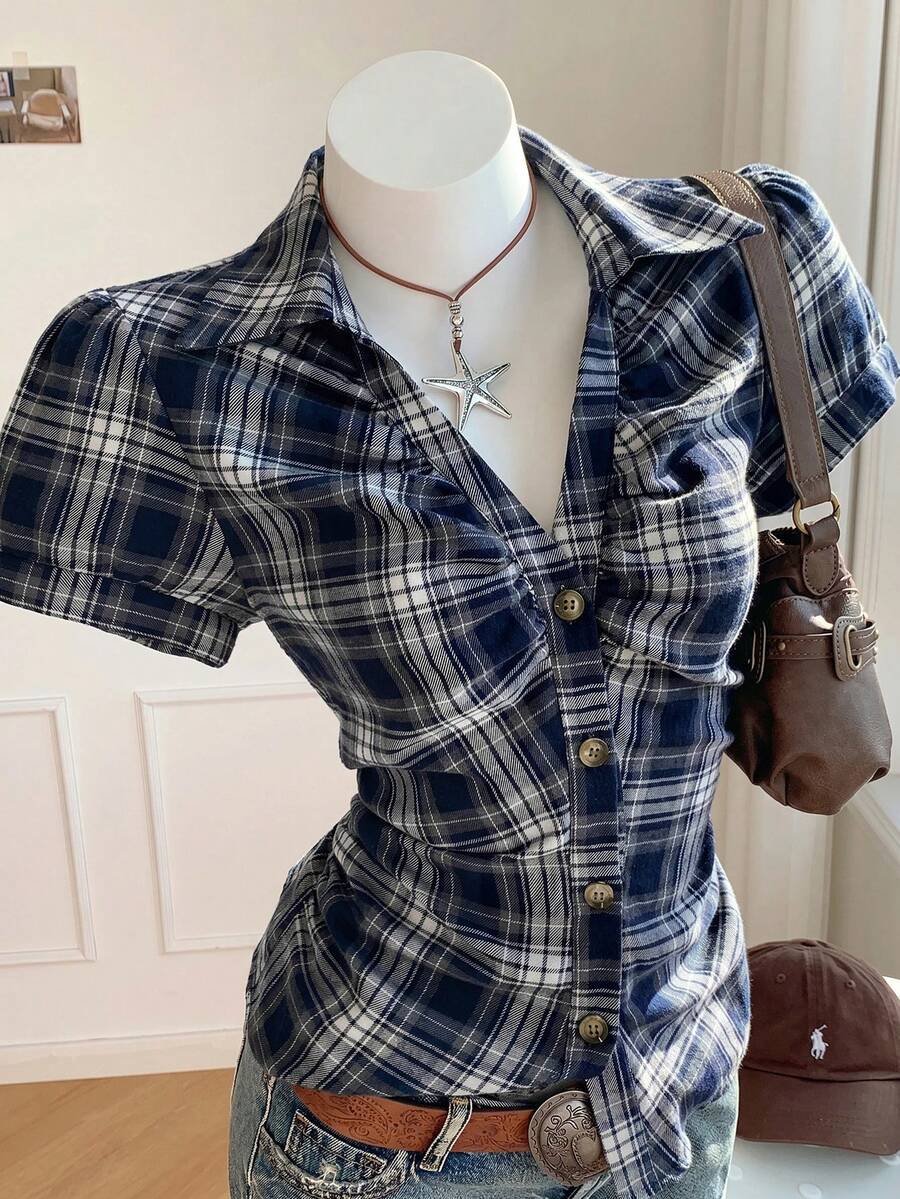 Comfortcana 女士藏蓝色条纹短款泡泡袖单排扣休闲衬衫,夏季服装 - 藏蓝色 - 查看 1