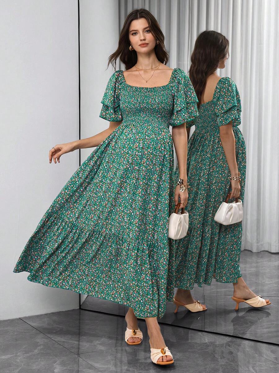 SHEIN Vestido de maternidad con estampado floral, cuello cuadrado y volantes en el bajo para vacaciones - Verde - Ver 1