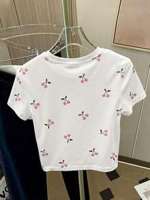 Resyla Kaos Lengan Pendek Kasual Wanita Motif Ceri, Cocok untuk Liburan Musim Panas dan Perjalanan Sehari-hari - Berwarna merah muda - View 2