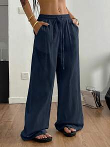 SHEIN PETITE CURVE Plus Size Women Solid Color Drawstring Waist Wide Leg Loose Casual Pants Fall - Navy Blue - View 3