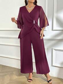 Reflora Conjunto de 2 piezas de top y pantalones elegantes con decoración de diamante de imitación para tallas grandes - Rojo violeta - Ver 5