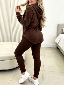 Tropvida Women's Solid Color Long Sleeve Drawstring Hooded Sweatshirt And Pants Casual 2 Pieces Set, Autumn - Coffee Brown - View 2