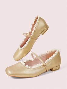 CUCCOO DOLLMOD Zapatos planos elegantes de cuero metálico dorado con puntera cuadrada, tacón bajo de bloque, estilo retro y volantes de encaje para mujer, ideales para uso diario y vacaciones - Dorado - Ver 5
