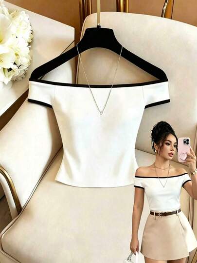 SHEIN Franclia Minimalistische, figurbetonte, lässige Bluse mit einem Schulterausschnitt für den täglichen Gebrauch, das Büro und elegante Anlässe für Frauen