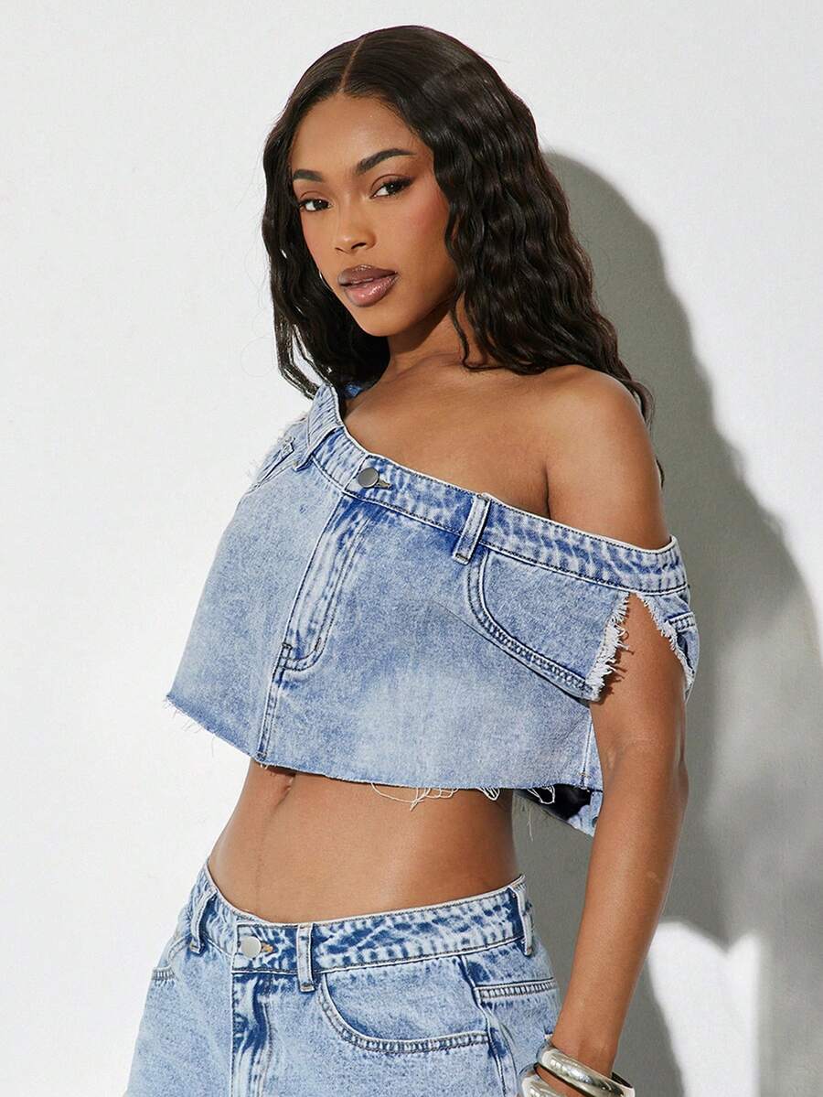 Denimoi Cropped Off Shoulder Denim Top Fashion Streetwear Sexy Crop Spring Summer Concert Night Out Light Blue - Light Wash - View 1