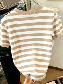 Resyla Women's Cartoon Bear & Striped Print Round Neck Short Sleeve T-Shirt - Multicolor - View 2
