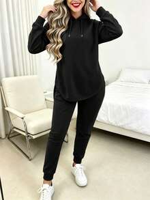 Tropvida 2pcs Set Women Plain Long Sleeve Hoodie Top And Long Pants Fall Cloth For Women - Black - View 5