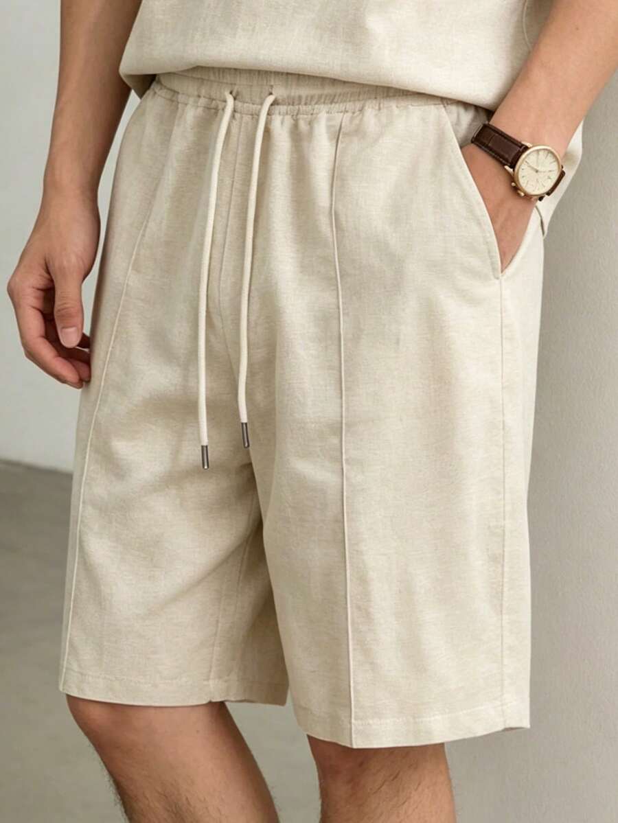 Manfinity Dauomo Quần short nam bằng vải lanh họa tiết đồng xu cổ điển, kiểu dáng đơn giản, ống thẳng, thích hợp cho việc đi làm. - Màu be - Xem 1