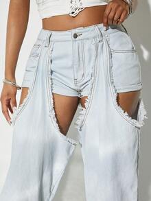 Denimoi Sexy Denim Chaps Concert Outfits Fashion Jeans Statement Denim Jean Chaps With Shorts - Light Wash - View 3
