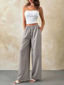 SHEIN Cottnline Women Spring Summer Long Length Loose Fit Stripe Linen Comfortable Dailywear Casual Street Wear Vertical Striped Wide-Leg Pants Blue And White Stripe - Multicolor - View 4