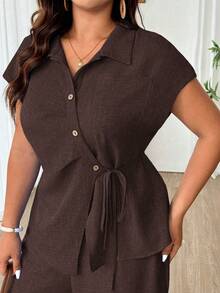Weeklong 大尺碼女款新款寬腿度假休閒優雅純色翻領圍裹繫腰不對稱下擺襯衫與寬腿褲兩件套 - 棕色 - 查看 5
