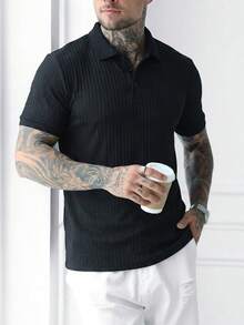 Manfinity Mode Men's Short Sleeve Textured Fabric Formal Polo Shirt, Suitable For Office, Outings And Gatherings, Ceremony - Black - View 5