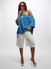 SUMWON WOMEN 露肩宽松超大款印花T恤，印有Hotline字样，休闲宽松版型长袖上衣 - 藍色 - 查看 6