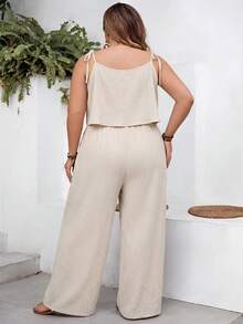 SHEIN CURVE+ Curve 尺码 US22 音乐节、海滨度假、波西米亚风女士休闲度假纹理纯色连体裤 - 杏色 - 查看 2