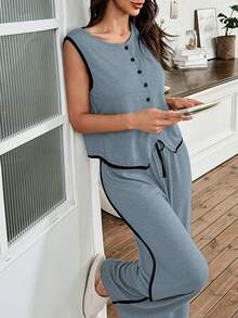 SHEIN 女款休閒純色開襟上衣與長褲家居服套裝 - 藍色 - 查看 5