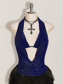 SHEIN ICON Plus Size 2pcs Summer Going Out Beach Hawaii Party Homecoming Concert Club Glitter Backless Women Tank Tops & Camis - Navy Blue - View 3