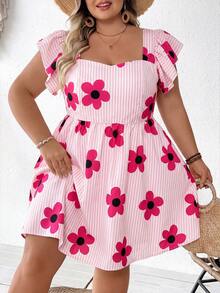SHEIN CURVE+ 大码女式柠檬水果印花甜心领泡泡袖A字迷你连衣裙，夏季波西米亚风度假风 - 粉色 - 查看 3