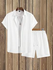 Genlund 2pcs Men's Solid Color Short Sleeve Shirt & Shorts Set, Fashion Suitable For Summer Men Clothes Set Summer, Cozy Outfits, Holiday - White - View 1