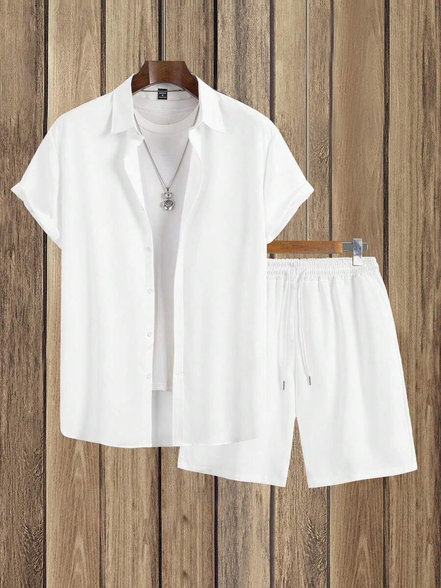 Genlund 2pcs Men's Solid Color Short Sleeve Shirt & Shorts Set, Fashion Suitable For Summer Men Clothes Set Summer, Cozy Outfits, Holiday - White - View 1