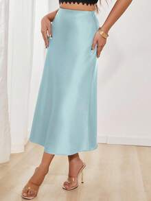 SHEIN PETITE Women's Elegant Versatile Satin Skirt - Teal Blue - View 5