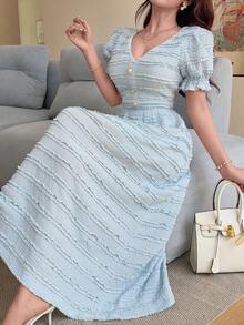 Feyla Women's Elegant Light Blue V Neck Short Dress With Puffed Sleeves And Button Detail - Baby Blue - View 10