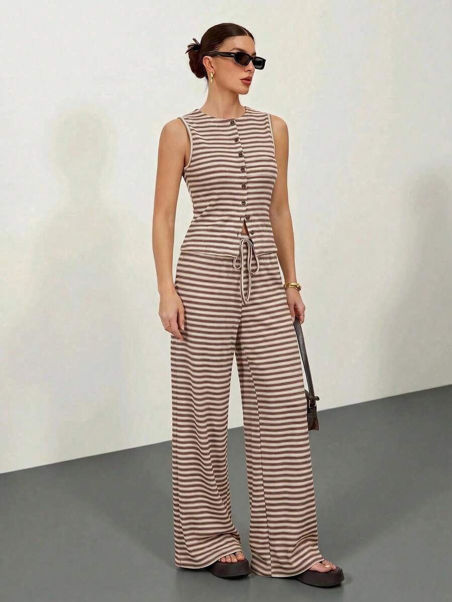 SHEIN Tall 2pcs Women Casual Striped Front Button Long Sleeve Top And Wide Leg Pants Set, Autumn - Khaki - View 1